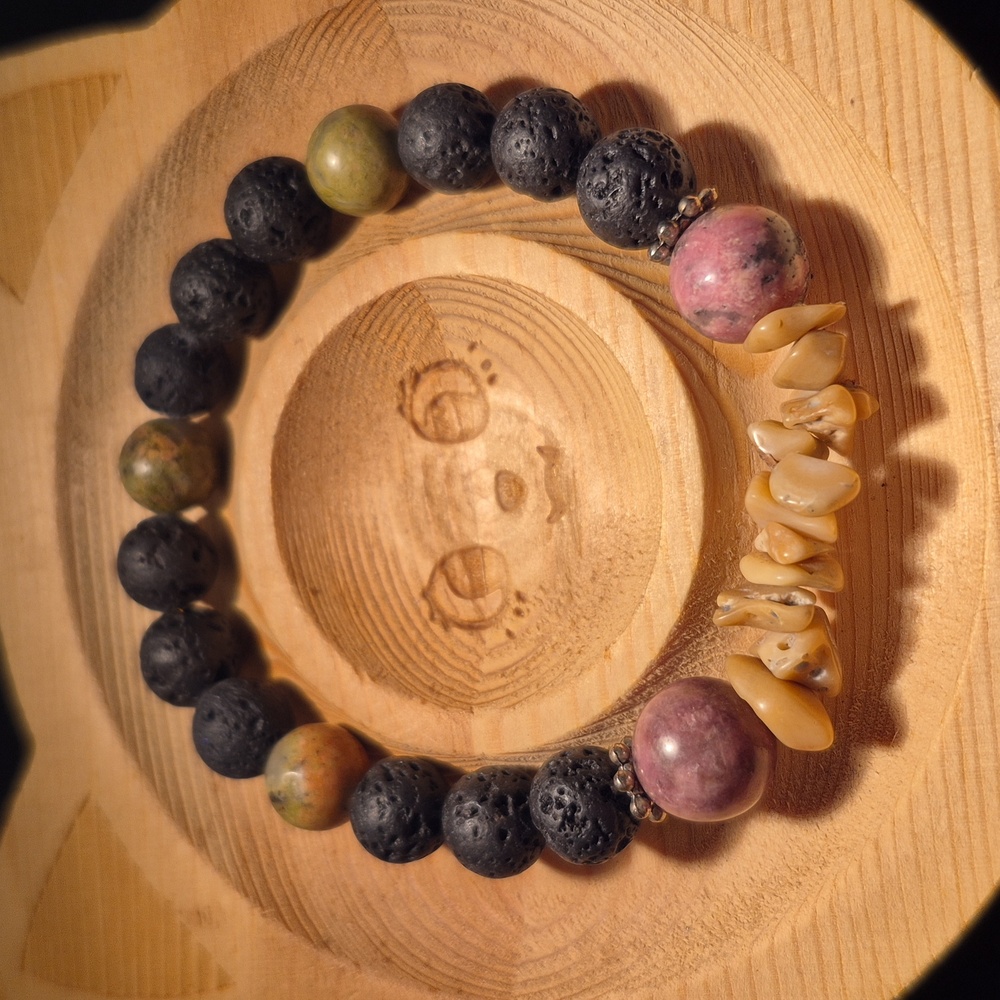 Artisan Crafted Unakite, Rhodonite and Bamboo Jasper with lava beads